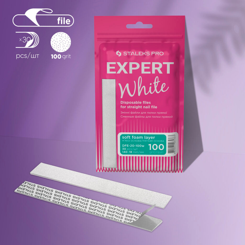 STALEKS Disposable white files for straight nail file on a soft foam layer EXPERT 20 100 grit (30 pcs)